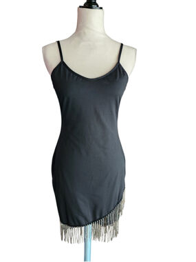 The Copper Closet Black Slip Dress M Chain Fringe Hem Cocktail Party Mini Dress